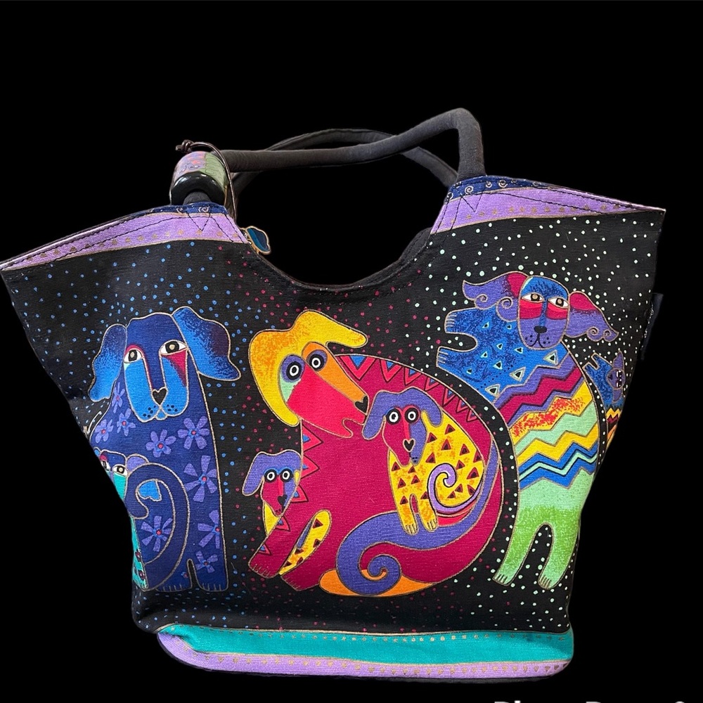LAUREL BURCH Vintage Art Dogs Puppy Tote Bag Canvas Large Colorful